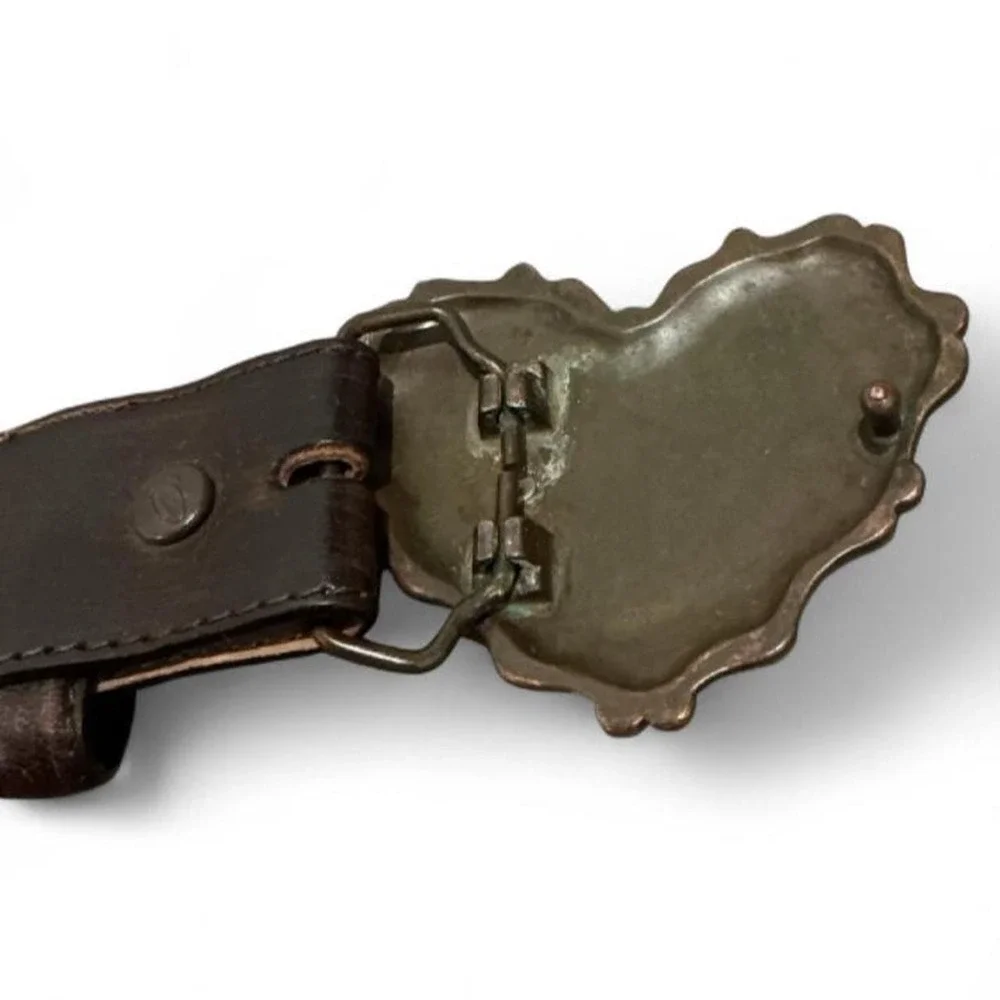 Justin Boots Heart Buckle Leather Belt Size 32 Brown C20508 Good Tooled Crystal